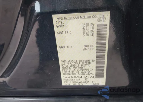 2013 Nissan Altima 2.5 Sl z USA, uszkodzony, nr VIN 1N4AL3AP0DN432224